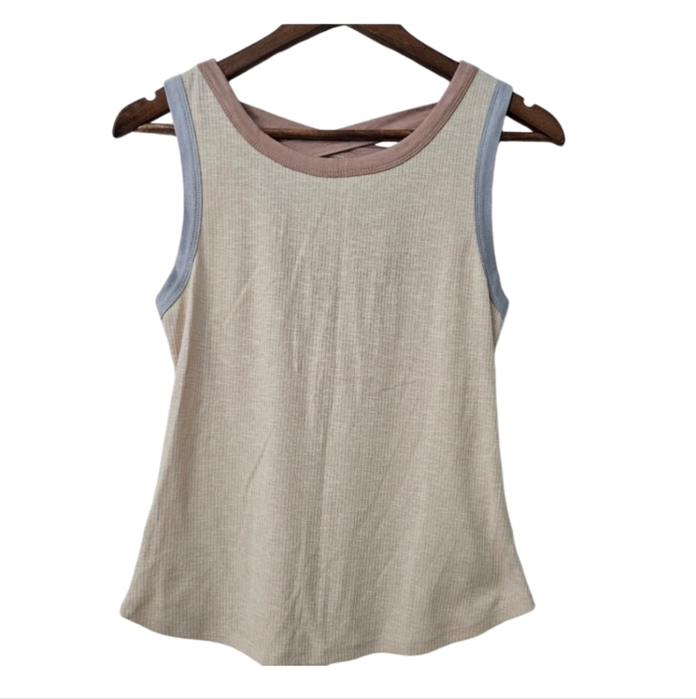 Hem & Thread Beige tank top with blue & pink ringers & strappy back SZ S NWT